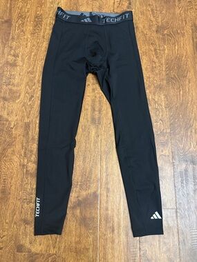 adidas Men’s Black Techfit Compression Leggings with White Logos Size L